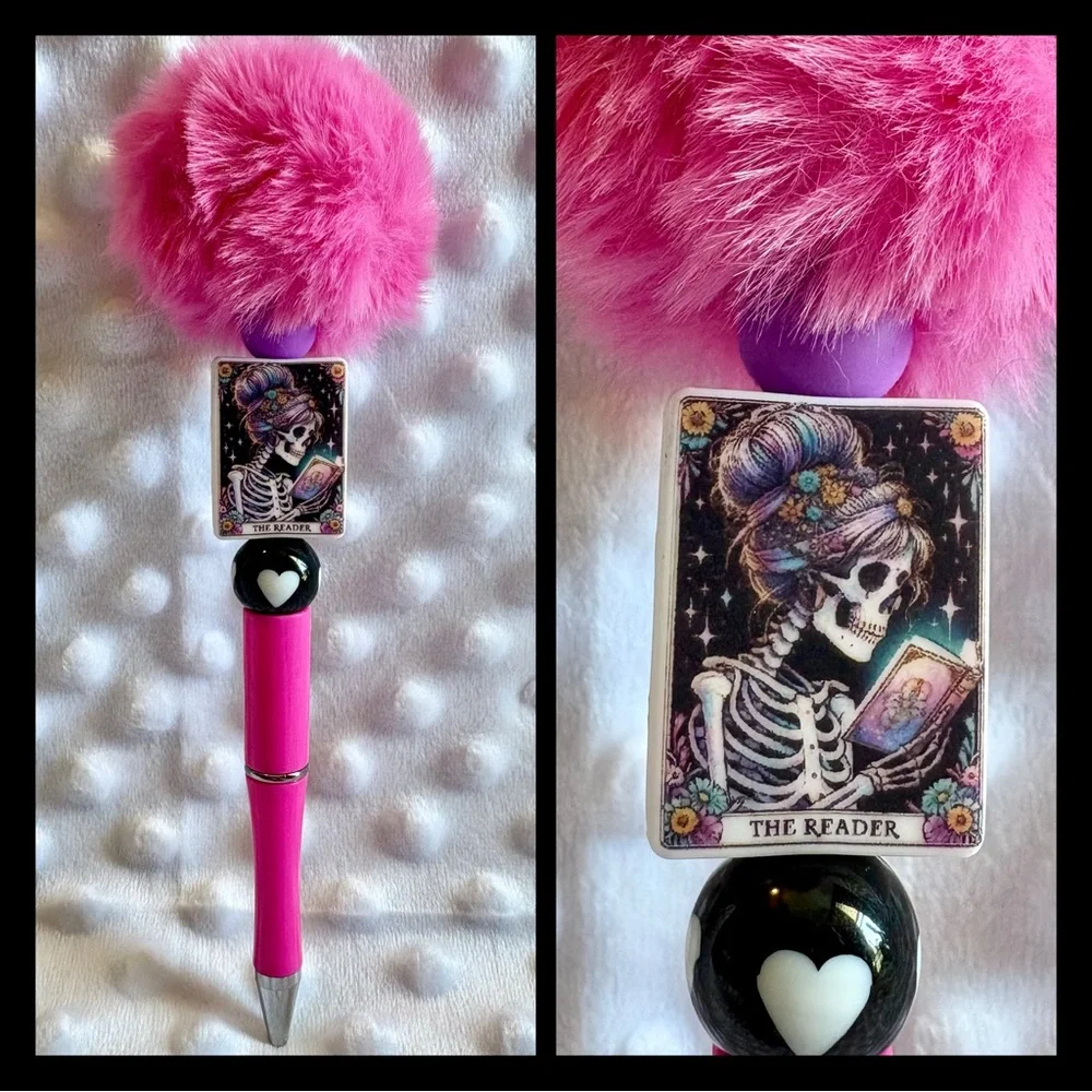 The Reader Pink Fluffy Skeleton Beaded Pen